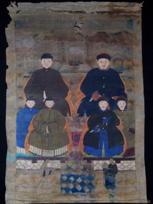 Alte chinesische Ahnen Porträtmalerei - Ahnenbilder - Chinesische Familie mit 6 Personen