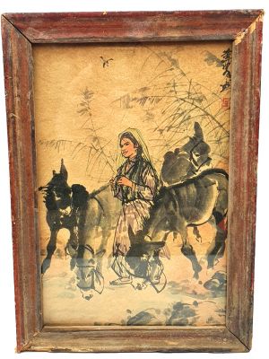 Alte chinesische Holzrahmen - Malerei - Das Mädchen und die Esel
