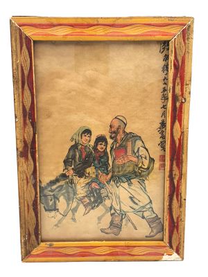 Alte chinesische Holzrahmen - Malerei - Der Esel, die Kinder und der Meister