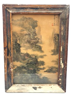 Alte chinesische Holzrahmen - Malerei - Der Tempel im Wald