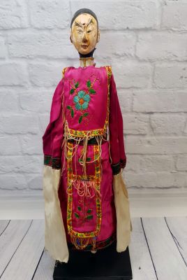 Alte chinesische Theater-Marionette - Fujian-Provinz - Mann / Seide Kostüm Rose und Blume