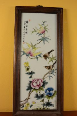 Chinesische Holzplatte und Porzellan - Vögel auf Baum 5