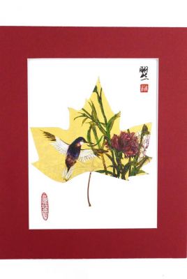 Chinesische Malerei am Baumblatt - Vogel und Pfingstrose