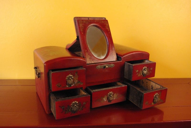 Chinesischer Stil Holz Schmuckkästchen Schmuckkoffer mit Spiegel 