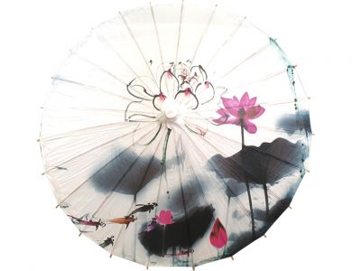 Chinesischer Sonnenschirm - Holz und Reispapie - Lotus und Fische