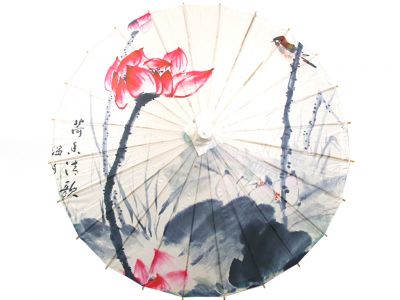 Chinesischer Sonnenschirm - Holz und Reispapie - Lotus und Vogel
