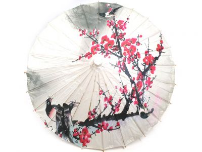 Chinesischer Sonnenschirm - Holz und Reispapie - Vögel auf Kirsche