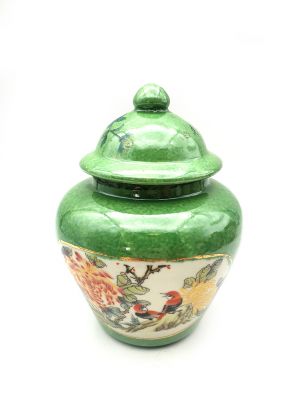 Kleine Chinesische Vase Porzellan - Farbig - Grün - Landschaft von China - Vögel