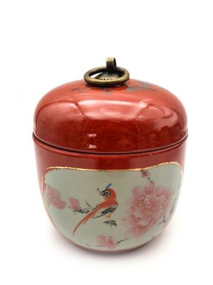 Kleine Chinesische Vase Porzellan - Farbig - Rot - Vogel auf einem Kirschbaum