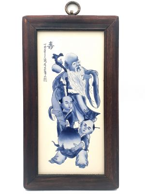 Kleines Chinesische Holzplatte und Porzellan - Chinesischer Gott Langlebigkeit - Sau - Shou Xing