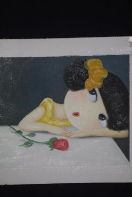 Moderne chinesische Malerei auf Leinwand - Ölgemälde - Die Frau und die Rose